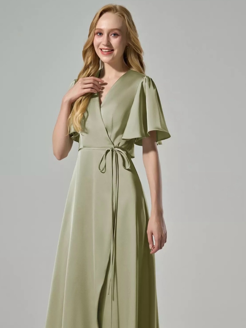 Sage Green Satin Bridesmaid with Flutter Sleeves